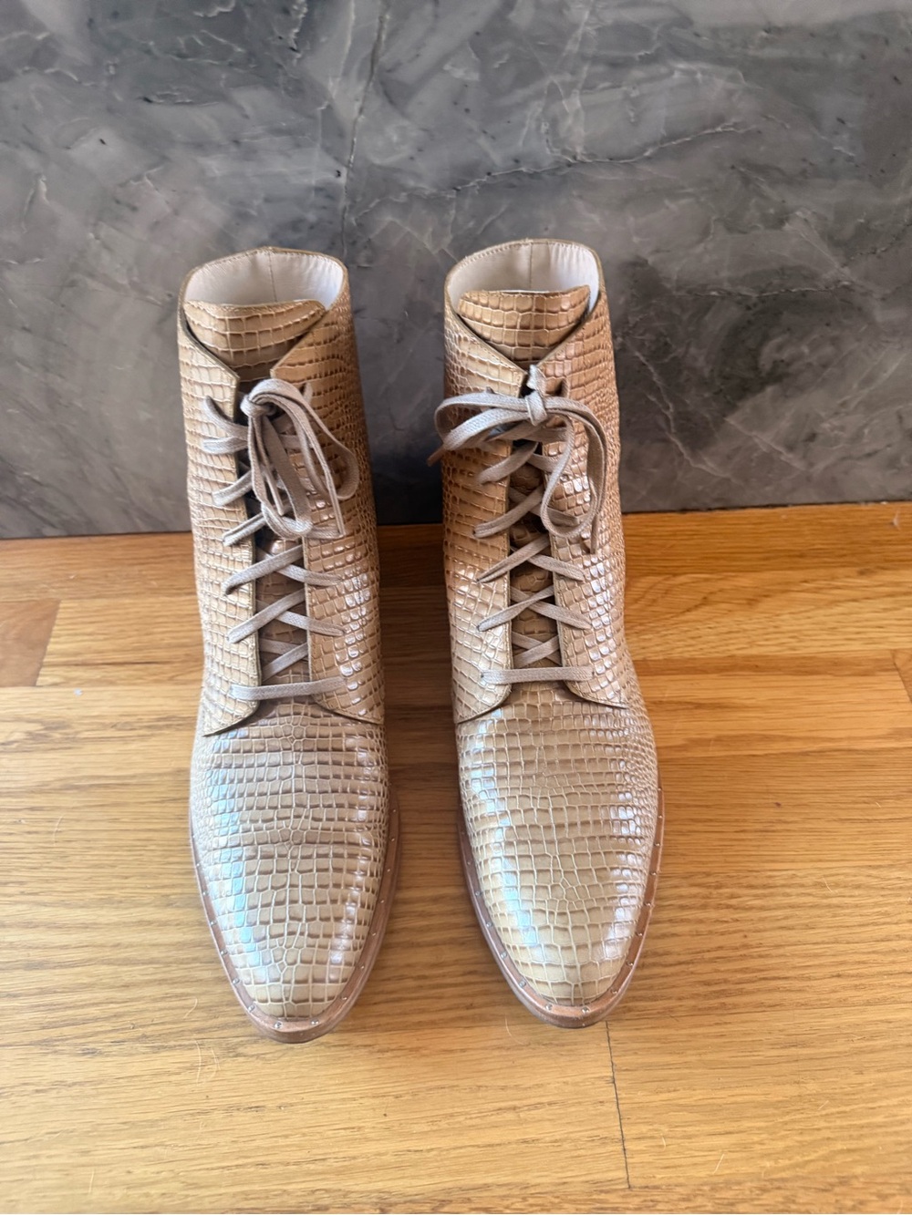 Women’s tan Freda Salvador Croc-Embossed Leather Lace-Up Boots